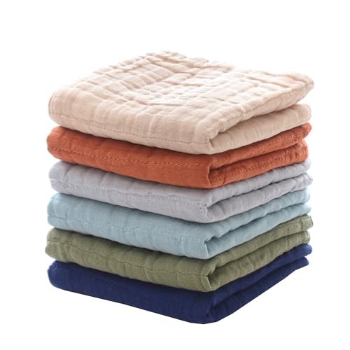MUKIN Cotton Towel for Baby, Soft Face Cloths, Newborn Absorbent Bath Wipes, Muslin Washcloth Burp Cloths or Towels, Pack of 6, 12x12 inches (Multicolor)
