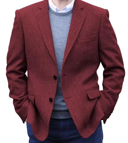 Mens Retro Herringbone Tweed Blazer Two Button Solid Lightweight Sport Coat for Men Business Wedding Prom Jackets