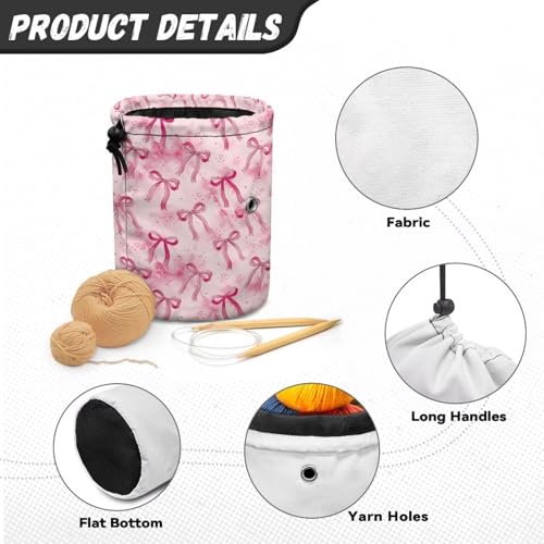 Image of Sellikakes Pink Bow Yarn Organizer Bag Tropical Flower Storage Holder for Crochet Hooks Needles Store Skein Ball Short Knitting Needles
