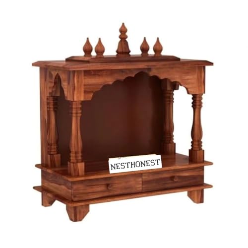 Image of Wall Mounted Solid Sheesham Wood Puja Mandir for Home Solid Wooden Temple for Puja Room with 2 Drawer Storage Pooja Ghar Wooden Furniture for Pooja Room Sheesham Wood, Honey Finish (Honey, 2 Drawers)