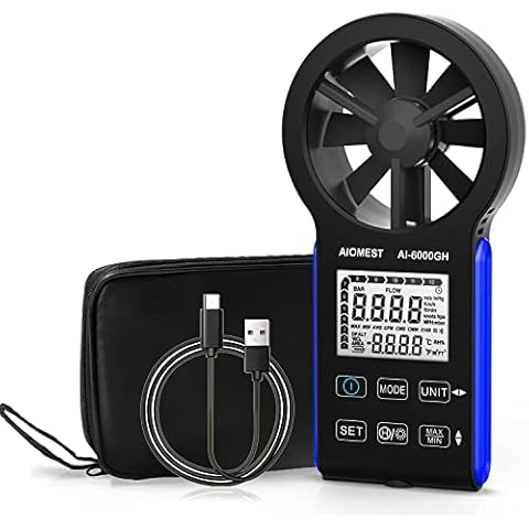 CFM Wind Speed Meter, AIOMEST Rechargeable HVAC Anemometer Measuring Wind Velocity, Test Air Flow Volume CFM/CMM, Handheld Airflow Tester AI-6000GH with Anemometro Carrying Case Cover