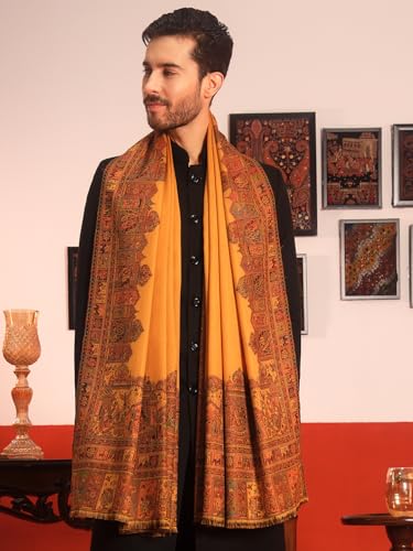 Image of Pashmoda Men Arcadia Borders Jamawar Shawl, Stole and Wrap, Sustainable and Natural Fabric, Heritage Kashmiri Pashmina, Medium Size for Gents, (Size 40x80 Inches)