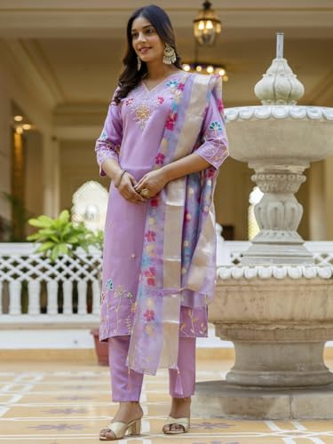 Image of VredeVogel Women's Beads Embroidered Silk Blend Kurta Pant Set with Organza Dupatta | Perfect for Festive & Casual Ethnic Kurta Set for Women