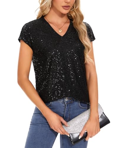 MINTLIMIT Womens Full Sequin Tops Glitter Party Shirt Cap Sleeve Sparkle Blouses V-Neck Loose Summer Shimmer Tunic Shirts2