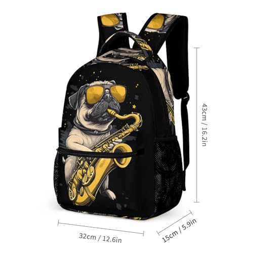Saxophone Pug Dog Jazz Music Travel Backpack Lunch Box Pencil Case 3Pcs Set for Men Women Office Outing University2