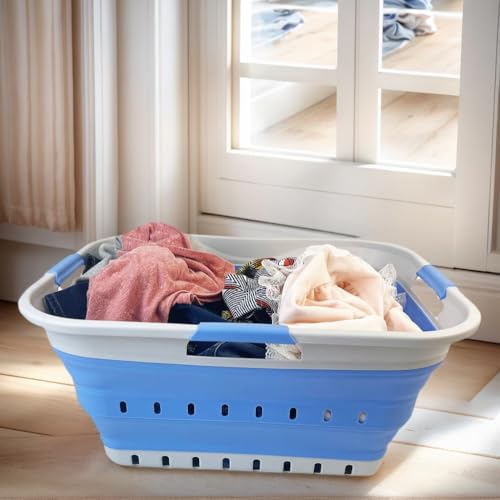 Image of SAMMART 42L (11 gallon) Collapsible Plastic Laundry Basket - Foldable Pop Up Storage Container /Organizer - Space Saving Hamper /Basket (1, Grey /Little Boy Blue)