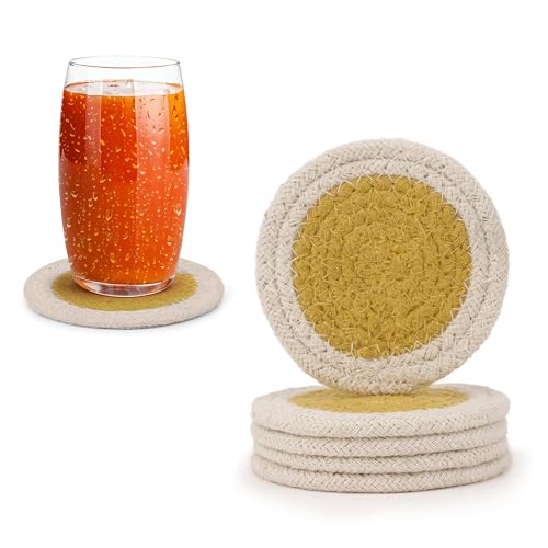 Image of Encasa XO Drink Coasters Set of 6 | Yellow & Off White with Round (9 cm) | Handcrafted Ribbed Cotton | Absorbent & Heat-Resistant | Use for Tea, Coffee Table & Desk