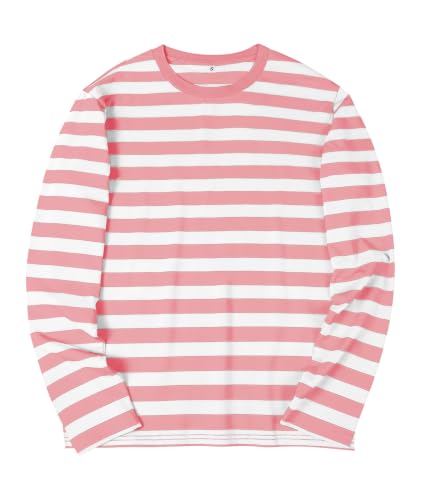 Image of KESIHAN Mens Striped Long Sleeve Shirt Crewneck Casual Basic Stripe Tee | Crewneck long sleeve striped tee with cotton spandex fabric,casual regular fit basic style for daily wear and layering.
