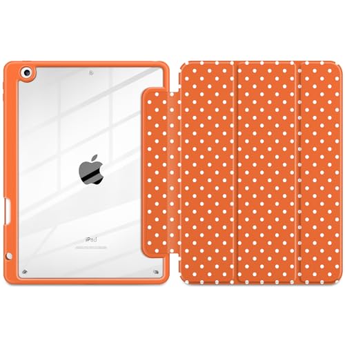 Yebiseven for iPad 9th 8th 7th Generation 10.2 Inch 2021 2020 2019 Case -[Built-in Pencil Holder], Shockproof Clear Hard Back, Slim Trifold Stand, Auto Wake/Sleep, for Girls Teen, Orange White dot by Yebiseven - Image 2