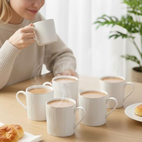Image of Clay Craft Premium Fine Ceramic Coffee & Tea Mug Set with Elegant Gold Line Rim| Modern Ribbed White Finish| Durable Build| Stylish Design for Home| Office & Gifting (240 Ml)