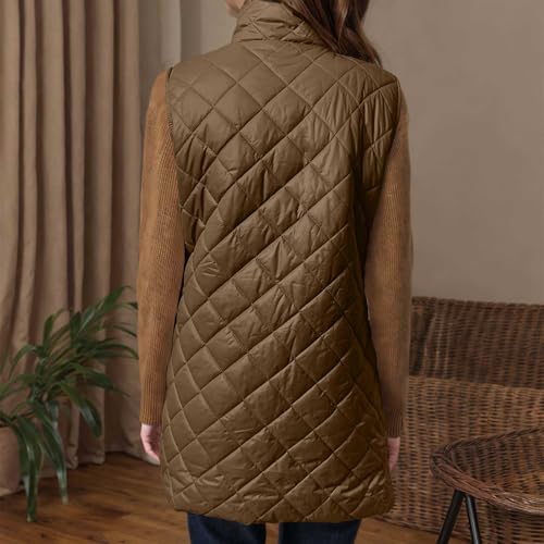 XOGWVJ Fuzzy Vest Women Long Puffer Vest Women Quilted Sleeveless Winter Coat Zip Up Mid Length Warm Jacket with Pockets Casual Fall Outerwear Brown L - image 5