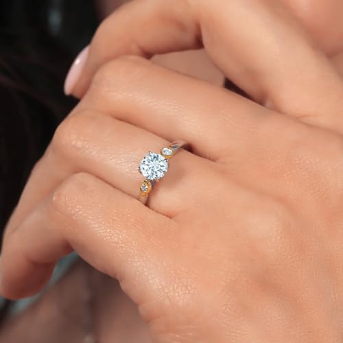 Gem Stone King 925 Sterling Silver & 10K Yellow Gold 5MM Round Gemstone Birthstone & White Lab Grown Diamond 3-Stone Engagement Ring | Three Stone Wedding Anniversary Ring For Women4