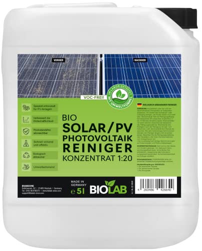 BIOLAB Solar & PV Photovoltaik Reiniger Konzentrat 1:20 (5 Liter Kanister) zur Reinigung von Solaranlage, Photovoltaikanlage, Balkonkraftwerk, Solarpanel, Solarmodul, PV Anlage, Solarreiniger
