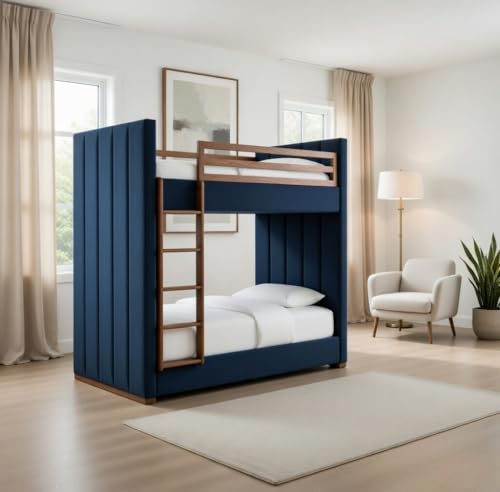 Image of STRATA FURNITURE Solid Wood Velvet Upholstered Bunk Bed with Ladder | Wooden Twin Over Double Bed for Bedroom Living Room and Home (Blue)