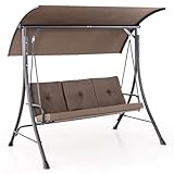 HAPPYGRILL 3-Seat Outdoor Porch Swing with Adjustable Canopy, Armrests, Metal Frame & Thickened Cushions, Patio Swing Chair for Garden, Poolside & Deck