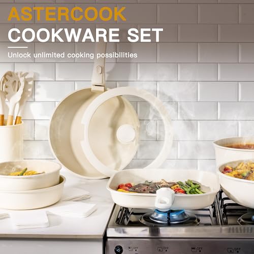Astercook 23 Pcs Pots and Pans Set Non Stick, Ceramic Cookware Set Detachable Handle, RV Kitchen Cooking Set Removable Handles, Oven Safe, Induction Ready, Stackable Non-stick Set, Cream White - Image 8