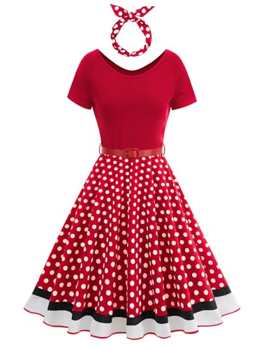 Odizli Rockabilly Kleider Damen Vintage Retro 50er Jahre Audrey Hepburn Petticoat Kleid Sommer Kurzarm Polka Dot Gepunktet Swing A Linie Festlich...
