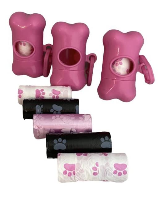 Sacchetti per bisogni dei cani, con dispenser e clip per guinzaglio, confezione da 105 sacchetti igienici per cani con dispenser e clip, Sacchetti per Deiezioni Canine. (rosa)