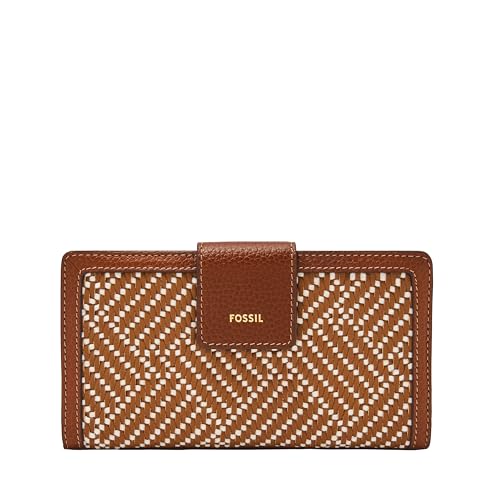 Fossil Womens Logan Leather RFID Blocking Tab Clutch Wallet Saddle Woven