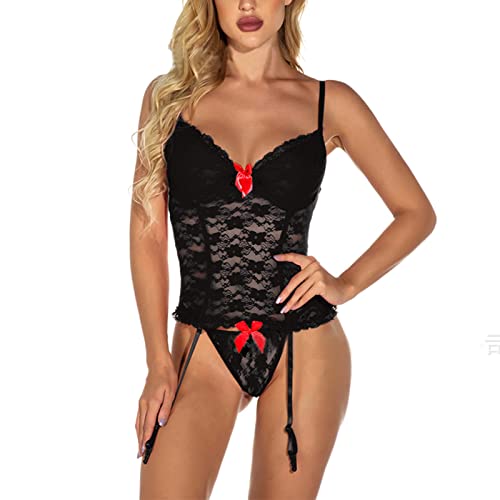 ROSAA Conjunto Lencería para Mujer,Body Sexy,Corsé Disfraz,Babydoll de Encaje Transparente Sujetador Push up y Tanga,Ropa Dormir Tirantes Ajustables (Negro) (XL), Talla única Cover