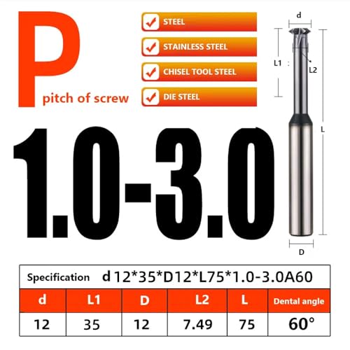 Image of 1pcs LUOCUT Thread milling Cutter Metric Tooth Angle 60 Degrees is Suitable for Processing Stainless Steel Single Tooth Type can Process a Wide Range of pitch-D12xP1.0-3.0