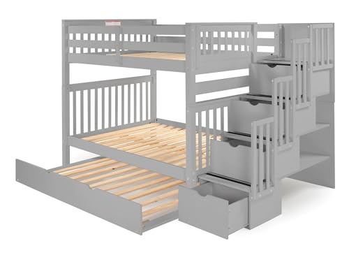 Bedz King Stairway Bunk Beds Full over Full with 4 Drawers in the Steps and a Twin Trundle, Gray