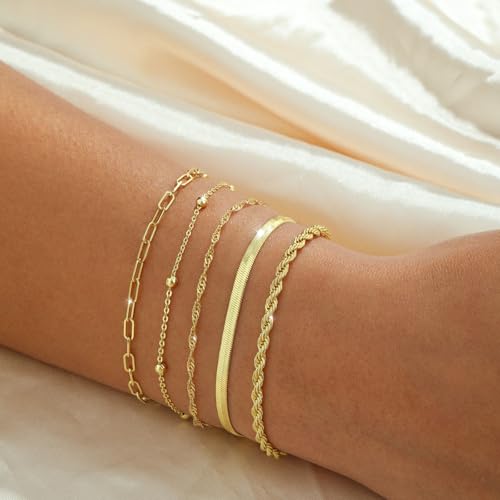 Gold Bracelets for Women ，Waterproof 14k Gold/Silver Plated Stackable Bracelet Set Non Tarnish Trendy Gold Jewelry Dainty Layered Figaro Rope Beads Paperclip Thin Link Chain Gifts for women3