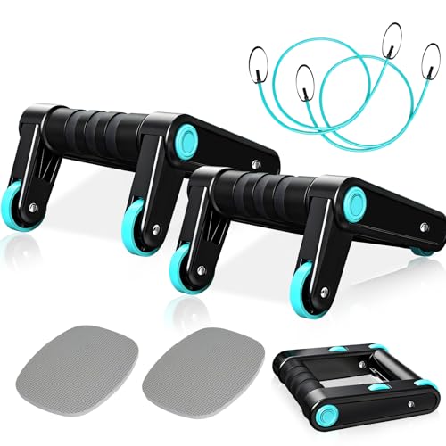 3 em 1 Pushup Bar rolo abdominal com borracha elástica esteira muscular para joelhos fitness aparelhos de ginástica, equipamento de treino de força para homens e mulheres em casa (azul)
