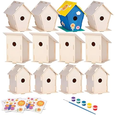 Neliblu 12 Wooden Birdhouses Kit, DIY Birdhouses for Kids and Adults, Painting Kit Party Favor with Color Paint, Brushes, Stickers, and Twine, Easy Assembly Wood Craft Sets in 3 Unique Shapes Cover