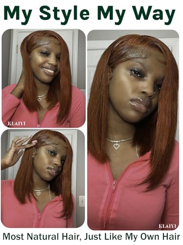 Image of KLAIYI Reddish Brown Yaki Straight Bob Wig Human Hair Glueless Bye Bye Knots Precut 7x5 Lace Front Wig Pre Bleached Pre Plucked with Baby Hair 3S Ready to Wear and Go Wig Beginner Friendly 150% 12Inch