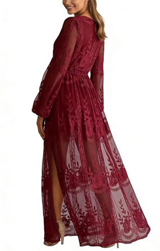 Image of LRISES Womens V Neck Floral Embroidered Lace Wedding Maxi Dress Boho Short Sleeve Slit Bridesmaid Evening Party Dresses