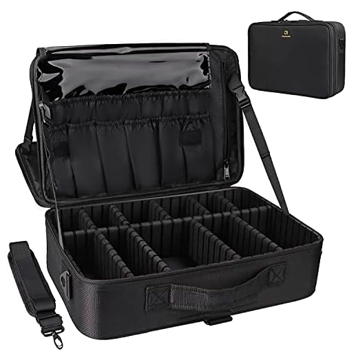 Relavel Professional Makeup Train Case Cosmetic Bag Brush Organizer and Storage 16.5" Travel Make Up Artist Box 3 Layer Large Capacity with Adjustable Strap (Black)