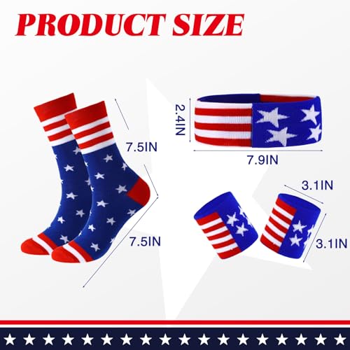 Image of Soulchen 20 Pcs 4th of July Sweatband American Flag Headband Wristband and Socks Set Red White Blue Striped Athletic Sweatband Set Independence Day Head Band for Men Women Sports Workout