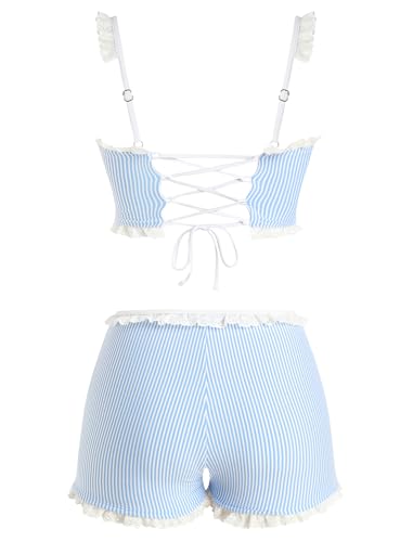 Image of ZAFUL Womens High Waisted Bikini Sets 2 Piece Plaid Ruffle Swimsuits Back Strap Top with High Waisted Shorts Bathing Suit
