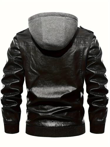Men’s Casual Stand Collar PU Faux Leather Zip-Up Motorcycle Bomber Jacket With A Removable Hood2