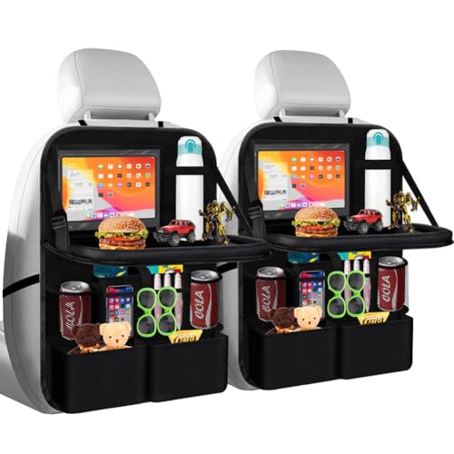 Yuragim Lot de 2 protections de dossier de voiture avec table, organiseur de siège arrière de voiture avec rangement pour tablette/téléphone, poches de rangement étanches pour enfants, longs trajets