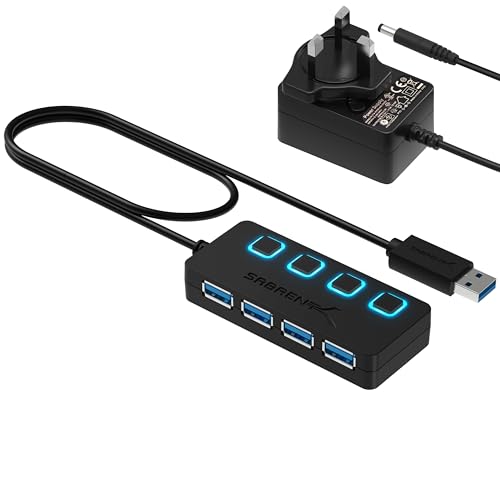 SABRENT Powered USB Hub 4 Port USB 3.2x1 5Gbps USB 3 Splitter On/Off Switch LED Indicators 68cm (2ft) Cable for PC Laptop iMac MacBook (HB-UMP3)