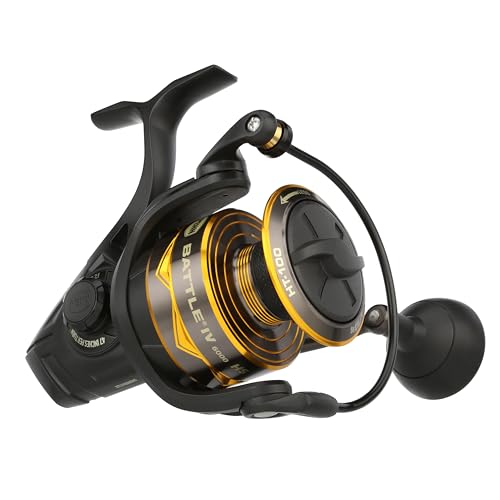 Battle IV Spinning Reel Saltwater Angler Fishing Sea Fish Lure & Bait Bass Pollack Cod Mackerel Wrasse Aluminum Robust Ambidextrous 6000 High Speed Reel Size 6.2:1 Black Gold & Smoke
