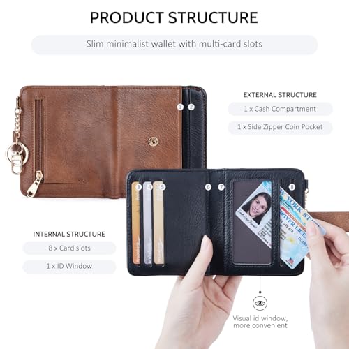 POIUGOYA Slim Wallet for Women,RFID Blocking Bifold Credit Card Holder with Zipper Coin Pocket,ID Window,Keychain