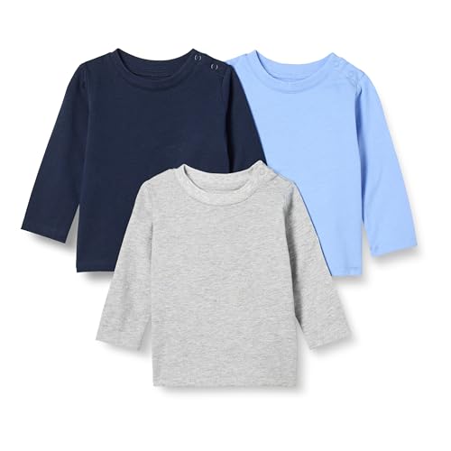 Amazon Essentials Unisex Baby Langärmlige T-Shirts Aus 100 % Baumwolle Mit Lockerer Passform, 3er-Pack, Blau/Heide/Marineblau, Frühchen