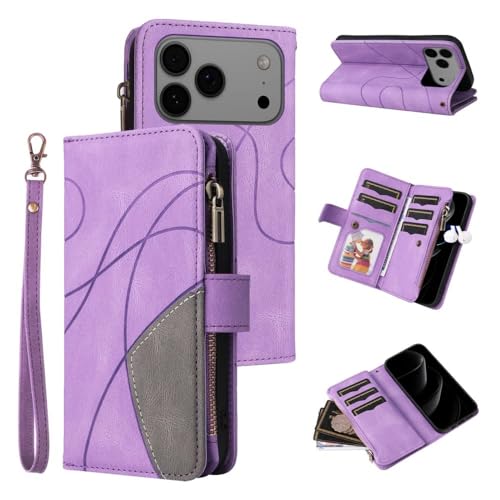 Étui iPhone 17 Pro Max violet en cuir premium avec portefeuille et fermeture éclair chic