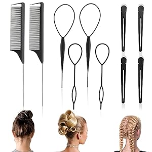 Topsy Tail, Hairstyle Aid, Hair Styling Comb Set, Hair Tail Tool and Rat Tail Comb, Hair Styling with Metal Pen, 4 Black Hair Pins and 4 French Braid Tools