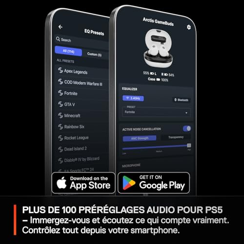 SteelSeries Arctis GameBuds pour PlayStation - Écouteurs gaming sans fil - 2,4GHz + BT 5.3 - ANC/Transparence - Résistance à l’eau IP55 - Batterie de 40 H - Recharge sans fil - PS5,PC,Switch 2 -Blanc