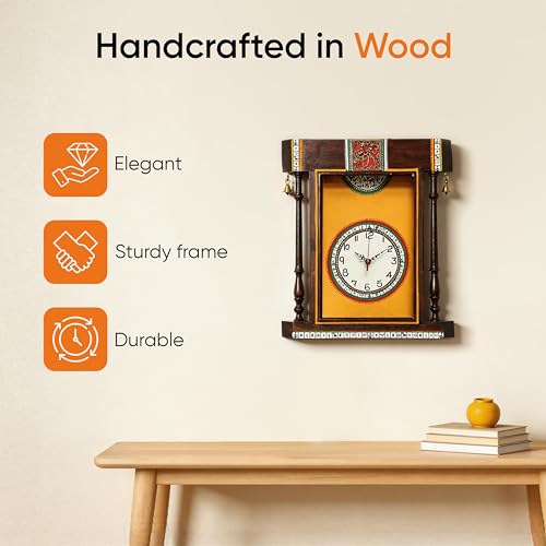 Image of AAKRITI ART CREATIONS Wall Clock Handcrafted Warli Art Yellow Dial with Glass Frame Brown, Yellow | Wall Clock for Home, Home Decoration | Wooden wall Decor | Matte Finish