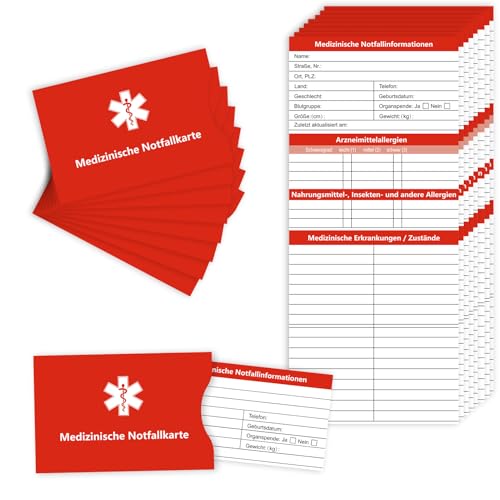 MEDMAX Notfall-Kontaktausweise für Medizinische Informationen auf Deutsch, Dreifach Faltbar mit Schutzhüllen, Notfall-Kontakt-Ausweise auf Deutsch, Medizinische Notfallkarte, 8 Stück