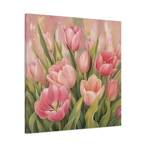 Tableau tulipes roses et or 90x90 cm grand format carré pour salon