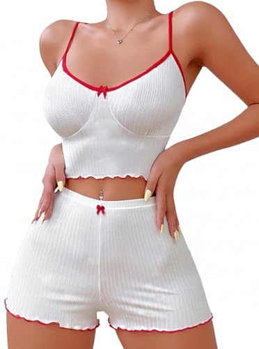 Image of Hilinker Womens Graphic Print Ribbed PJ Set Crop Cami Tops and Shorts Cute Pajamas Set