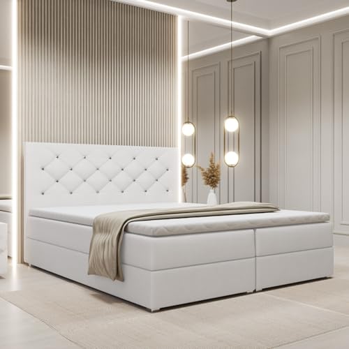 FurniDe24 Boxspringbett mit 2 Bettkästen und Taschenfederkernmatratze H3, Bett mit Zierknöpfen am Kopfteil, Topper-Matratze 3cm, verstärkter Rahmen, weiß Plüsch, 180x200cm - Fano FurniDe24 Boxspringbett mit 2 Bettkästen und Taschenfederkernmatratze H3, Bett mit Zierknöpfen am Kopfteil, Topper-Matratze 3cm, verstärkter Rahmen, weiß Plüsch, 180x200cm - Fano