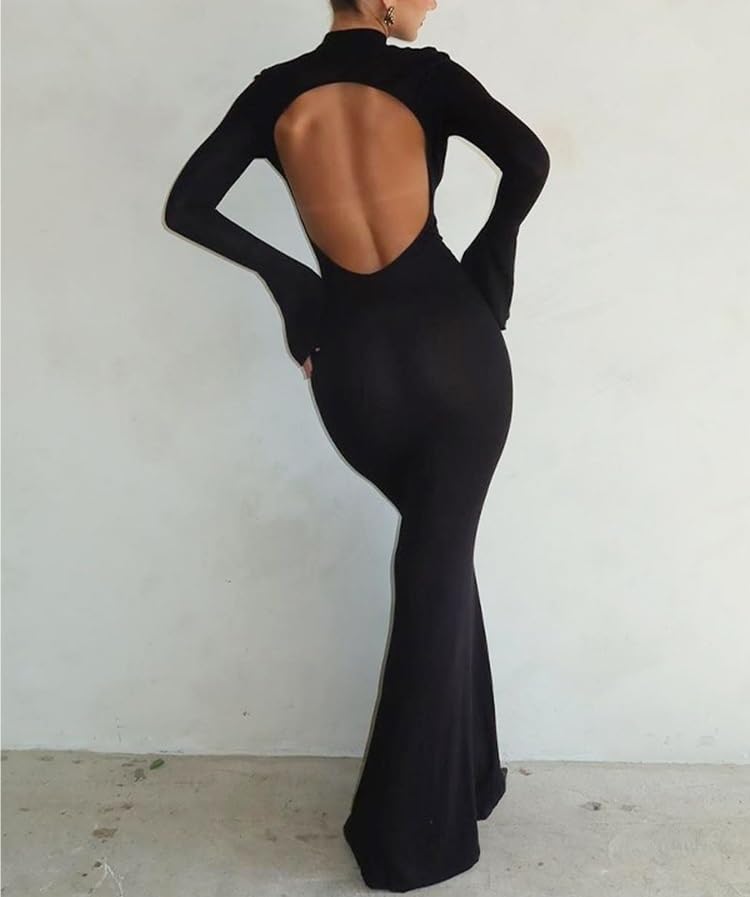 Amazon.com: SeWaLL 2023 Autumn Summer for Women Solid Half Turtleneck  Trumpet Sleeves Backless Maxi Dress Sexy Elegant Evening Party Cloth (Color  : Black, Size : Large) : Clothing, Shoes & Jewelry