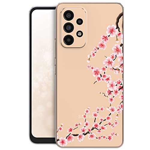 QULT Case Compatible avec Samsung Galaxy A53 Coque Silicone Transparente avec Dessin Souple Mince Étui Cordelette TPU Bumper Housse avec Motif Fleur de Cerisier Cover